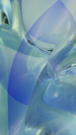 A stunning 3D-rendered abstract background featuring smooth, flowing glass-like waves in blue and green tones with glossy reflections and soft lighting.の写真素材
