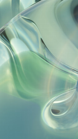 A stunning 3D-rendered abstract background featuring smooth, flowing glass-like waves in blue and green tones with glossy reflections and soft lighting.の写真素材