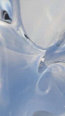 A stunning 3D-rendered abstract background featuring smooth, flowing glass-like waves in blue and green tones with glossy reflections and soft lighting.の写真素材