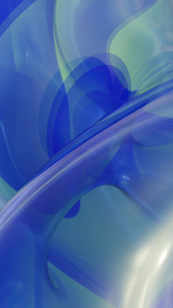 A stunning 3D-rendered abstract background featuring smooth, flowing glass-like waves in blue and green tones with glossy reflections and soft lighting.の写真素材