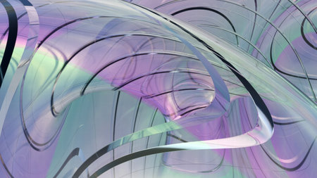 A stunning 3D-rendered abstract background featuring smooth, flowing glass-like waves in blue and green tones with glossy reflections and soft lighting.の写真素材