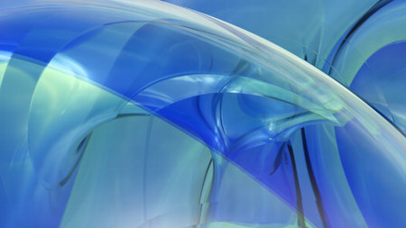 A stunning 3D-rendered abstract background featuring smooth, flowing glass-like waves in blue and green tones with glossy reflections and soft lighting.の写真素材