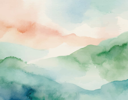 Soft, dreamlike watercolor background featuring abstract natural landscape with gentle green, blue, and peach colors. Serene artistic texture.のイラスト素材