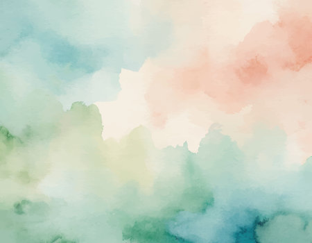 Soft, dreamlike watercolor background featuring abstract natural landscape with gentle green, blue, and peach colors. Serene artistic texture.のイラスト素材