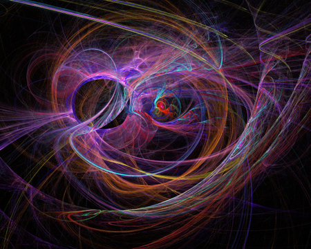 Vibrant abstract fractal design with swirling light trails and a central dark void on a black...