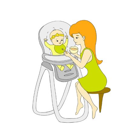 Mom feeds baby from spoon with complementary food, which she holds in her hand in a plate, illustration is made in line art style, in gray with multycolor feelのイラスト素材