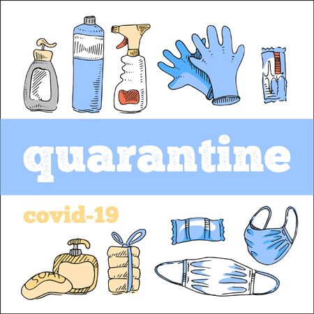 Disinfectants and hygiene during quarantine. Quick sketch. For use on educational posters.のイラスト素材
