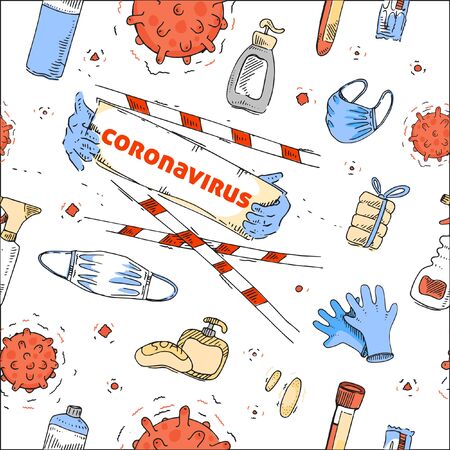 Means of individual protection and prevention of coronavirus infection. Coronavirus and disinfectants, personal care products. Seamless pattern. Quick sketch. For use in educational posters.のイラスト素材