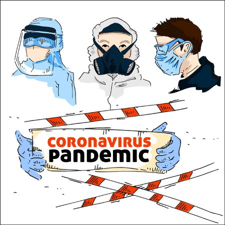 Coronavirus protective gear, quarantine area. Means of individual protection and prevention of coronavirus infection. Quick sketch. For use in articles and posts.のイラスト素材