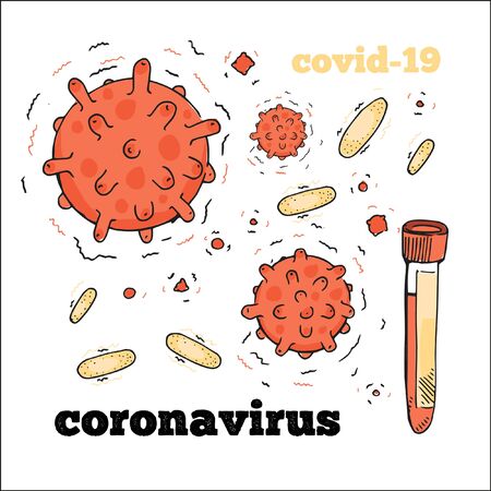 Collection of coronavirus, test tube, virus type. Quick sketch. For use in educational posters.のイラスト素材