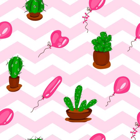A seamless pattern with cacti of different species and balloons creates some sense of danger. Using zigzags in pink and white colors on the background. Vector illustrationのイラスト素材