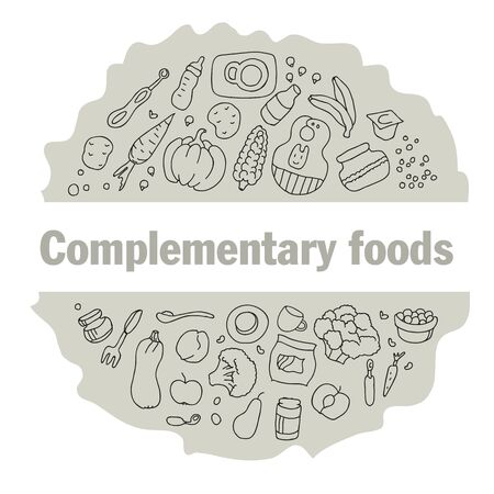 Circle frame filled with accessories for complementary feeding infants aged 6 to 8 months in doodle style with place for your text, vector illustration in grayscaleのイラスト素材