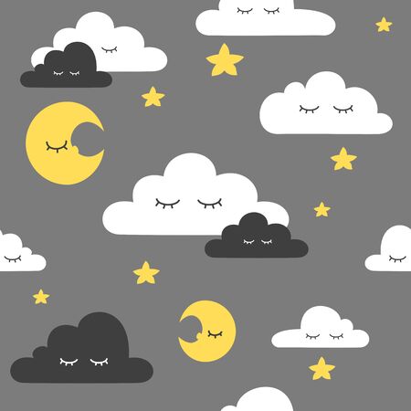 Seamless pattern of simple clouds with smiles and various additional elements on the theme of the sky. Made in a flat, minimalistic doodle style. Endless vector patternのイラスト素材
