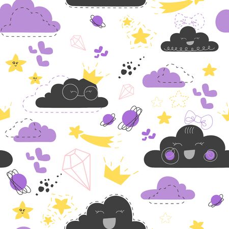 Seamless pattern of simple clouds with smiles and various additional elements on the theme of the sky. Made in a flat, minimalistic doodle style. Endless vector pattern