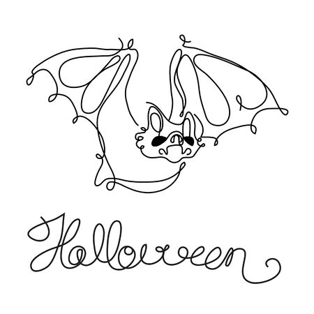 An image of a bat and a Halloween banner in the style of line art. Lettering Halloween. For use in the design of Halloween prints and holiday decorations. Vector illustrationのイラスト素材