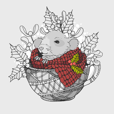 Graphic image of a rat sitting in a cup and wrapped in a scarf with elements of a hippo and mistletoe. cheerful. For printing design, cups and postcards. Vector illustrationのイラスト素材