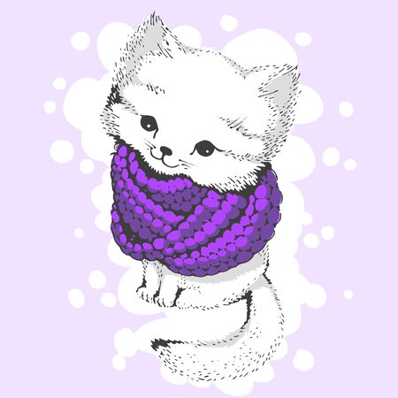 Cute white winter cat in a knitted scarf. Made in a limited color palette. For postcards or prints on clothes. Vector illustrationのイラスト素材