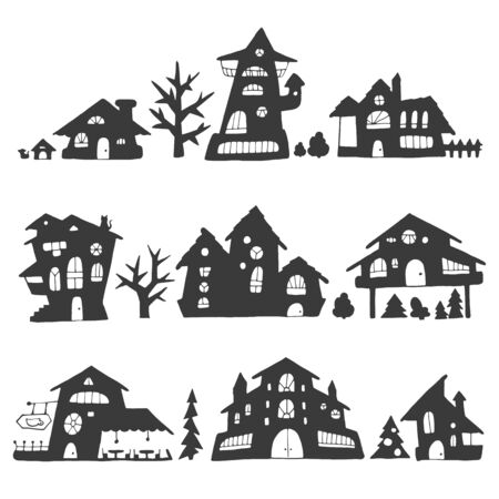 Set of fairytale houses with stylized various windows, trees and shrubs, cartoon style street silhouette. For stickers or interior design. Vector illustrationのイラスト素材