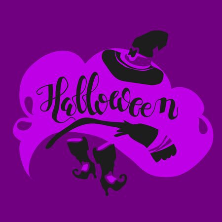 Halloween lettering in composition with holiday attributes, witch hat, broom, boots.Three color, simple image in a flat style. For a T-shirt print or holiday poster. Vector illustrationのイラスト素材