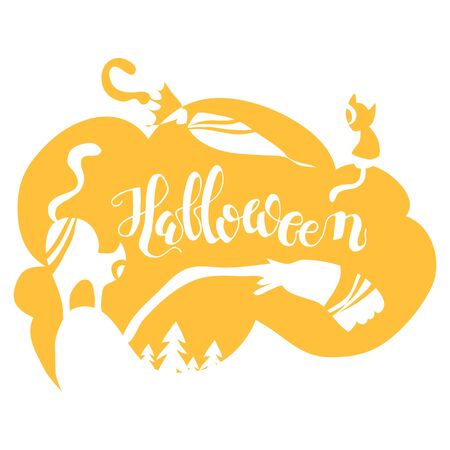 Halloween lettering in composition with attributes of holiday, broom, cat, umbrella, spruce. One-color, simple, flat-style image that can be used as a stencil. For a T-shirt print or holiday poster. Vector illustrationのイラスト素材