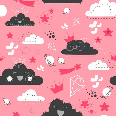 Seamless pattern of simple clouds with smiles and various additional elements on the theme of the sky. Made in a flat, minimalistic doodle style. Endless vector patternのイラスト素材