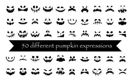 50 different expressions of carved pumpkin for Halloween. Black faces on a white background. For use in graphic design, for stickers. Vector illustrationのイラスト素材