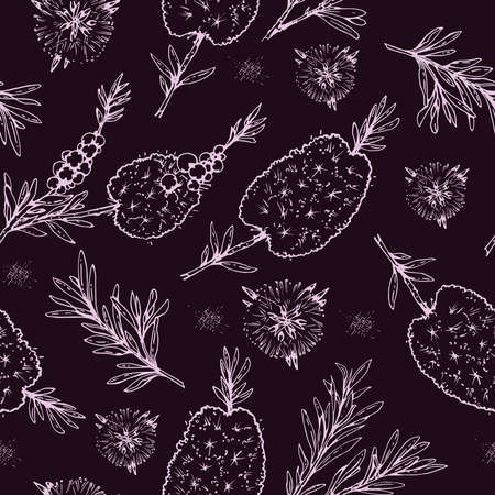Seamless Pattern with branches with leaves and flowers of tea tree. Detailed hand-drawn sketches, vector botanical illustration. For textile, background, packaging design.のイラスト素材