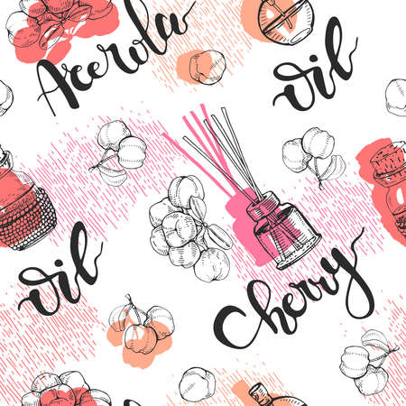 Seamless Pattern with branch acerola cherry, fruit, flower and glass bottle with oil and accessories. Detailed hand-drawn sketches, vector botanical illustration. For textile, background, packaging design.のイラスト素材