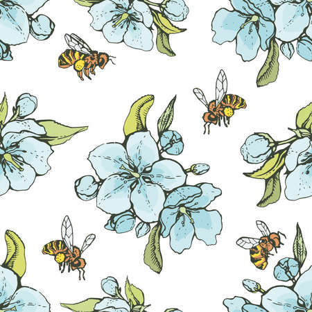 Seamless Pattern with apple flowers and bees. Detailed hand-drawn sketches, vector botanical illustration. For cosmetics, medicine, aromatherapy. For menu, label, packaging designのイラスト素材