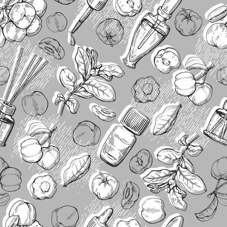 Seamless Pattern with branch acerola cherry, fruit, flower and glass bottle with oil and accessories. Detailed hand-drawn sketches, vector botanical illustration. For textile, background, packaging design.のイラスト素材