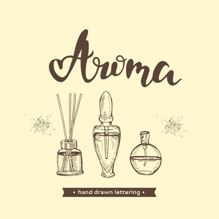 Aromatherapy accessories and lettering Aroma. Detailed hand-drawn sketches, vector botanical illustration.のイラスト素材