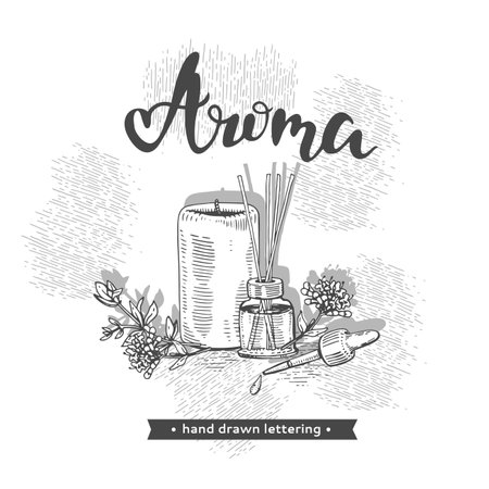 Aromatherapy accessories and lettering Aroma. Detailed hand-drawn sketches, vector botanical illustration.のイラスト素材