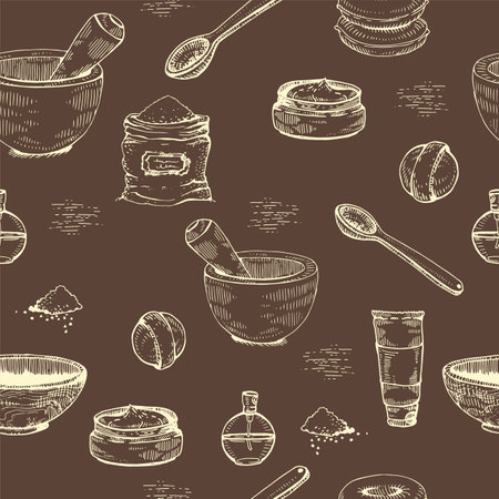 Seamless Pattern with natural cosmetic accessories. Detailed hand-drawn sketches, vector botanical illustration.のイラスト素材