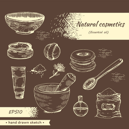 Collection of natural cosmetic accessories. Detailed hand-drawn sketches, vector botanical illustration.のイラスト素材