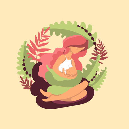 Woman breastfeeding her newborn baby in cross-cradle position. Flat style vector illustration.のイラスト素材