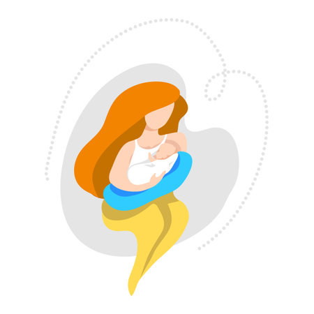 Woman breastfeeding her newborn baby in cradle position. Flat style vector illustration.のイラスト素材