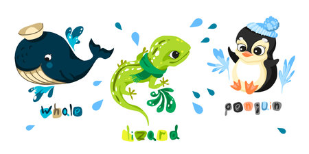 Set of characters in cartoon style, fun and attractive animals. Vector illustration without outlines on a solid background.のイラスト素材