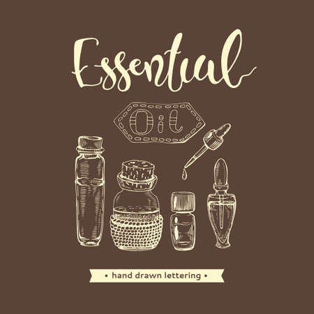 Aromatherapy accessories and lettering essential oil. Detailed hand-drawn sketches, vector botanical illustration.のイラスト素材