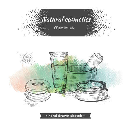 Natural cosmetic accessories. Detailed hand-drawn sketches, vector botanical illustration.のイラスト素材