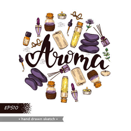 Circle filled aromatherapy accessories and lettering aroma. Detailed hand-drawn sketches, vector botanical illustration.のイラスト素材