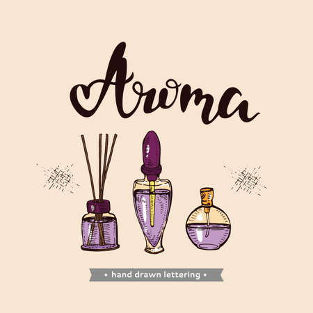 Aromatherapy accessories and lettering Aroma. Detailed hand-drawn sketches, vector botanical illustration.のイラスト素材