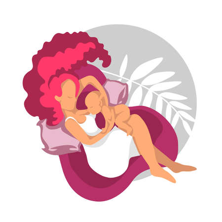 Woman breastfeeding her newborn baby in side-lying position. Flat style vector illustration.のイラスト素材