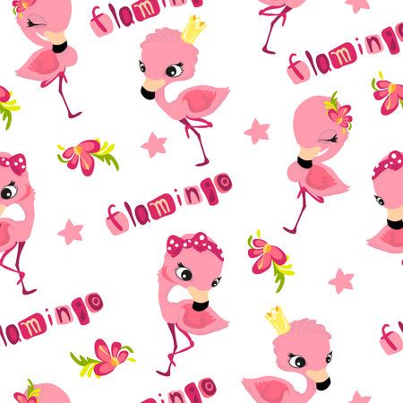 Seamless pattern in cartoon style, children's theme with fun and attractive flamingo. Vector illustration without outlines on a solid background.のイラスト素材