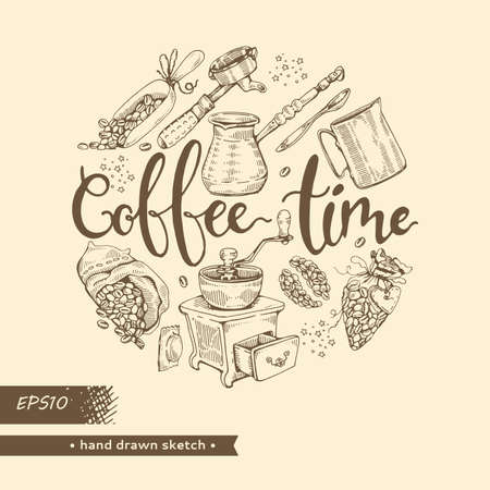Coffee tools and seeds. Coffee time. Vector illustration. Hand drawn sketch.のイラスト素材