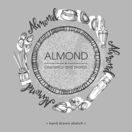 Circle surrounded with almond nuts, cosmetics and lettering with white lettering inside. Monochrome vector botanical illustration, hand-drawn hatching sketch.のイラスト素材