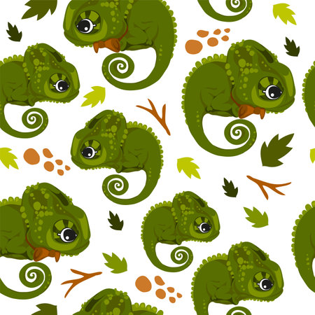 Seamless pattern in cartoon style, children's theme with fun and attractive chameleon. Vector illustration without outlines on a solid background.のイラスト素材