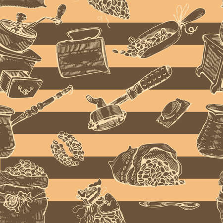 Images of bags with coffee beans and tools. Vector illustration.のイラスト素材