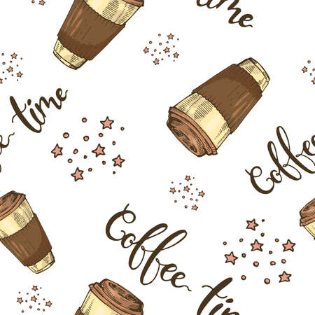 Seamless pattern with paper cups of coffee. Coffee time. Hand drawn sketch, vector illustration.のイラスト素材