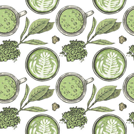 Hand-drawn seamless pattern matcha drinks and leaves, vector illustration.のイラスト素材