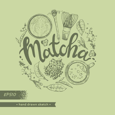 Hand-drawn sketch different matcha tools and drinks, vector illustration.のイラスト素材